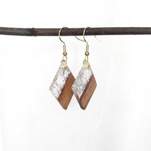 Handmade Walnut & Clear Resin Hook Earrings Triangle Hypo-Allergenic Gold Tone